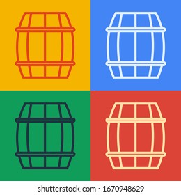 Pop art line Wooden barrel icon isolated on color background. Alcohol barrel, drink container, wooden keg for beer, whiskey, wine.  Vector Illustration