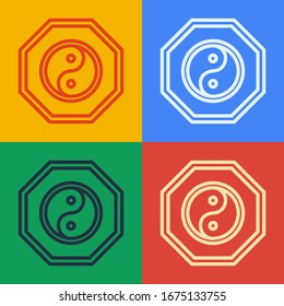 Pop art line Yin Yang symbol of harmony and balance icon isolated on color background.  Vector Illustration