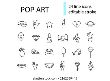 Pop Art Linear Icons Set. Retro 1960s Design. Woman Lips, Camera And Hand Poses. Isolated Vector Stock Illustration