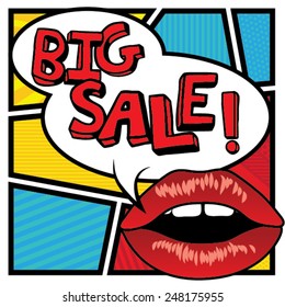 Pop art lips - bubble Big Sale. Vector Illustration.