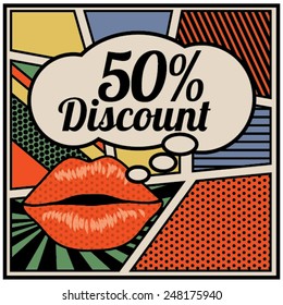 Pop art lips - bubble Discount. Vector Illustration.