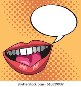 pop art lips bubble speech yellow dotted background
