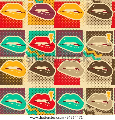 Pop art lips copies seamless pattern Retro style art print