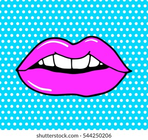 Pop art lips isolated. Dot background, raster effect. Vector fashion illustration.