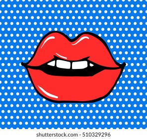 Pop Art Lips einzeln. Poster im Warhol-Stil. Punkthintergrund, Rastereffekt. Vektormodische Illustration. Handgezeichnet. Comics-Geschichte. Banner für Branding, Logo. Schwarze Linie, weiße Punkte, blaue und rote Farben