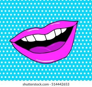 Pop art lips isolated. Warhol style poster. Dot background, raster effect. Vector fashion illustration. Hand drawn. Comics story. Banner for branding, logo. Black line, white dots, blue and pink color