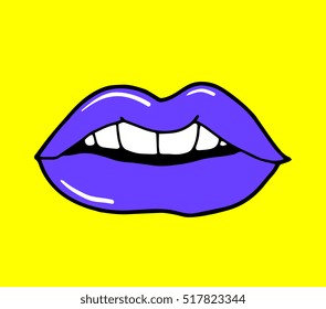 Pop art lips isolated. Warhol style poster. Dot background, raster effect. Vector fashion illustration. Hand drawn. Comics story. Banner for branding, logo. Black line, yellow background, blue color