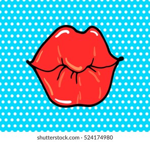 Pop art lips isolated. Warhol style poster. Vector. Black line, white dot pattern, blue background, red color, raster effect. Fashion illustration. Hand drawn. Comics story. Banner for branding, logo