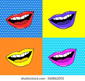 Pop art lips isolated. Warhol style poster. Dot background, raster effect. Vector fashion illustration. Hand drawn. Comics story. Banner for branding, logo. Red, yellow, blue orange black pink color