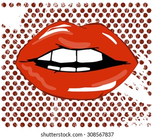 Pop art lips, make-up, point, beautiful, vector illustration, red lips