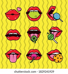 pop art lips and mouth icon set over yellow background, line and fill style, vector illustration