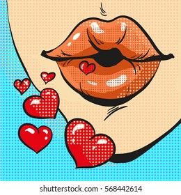 Pop Art Lips Sending Kiss With Hearts Comic Style Vector