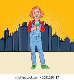 Pop Art Little Girl Eating Tasty Ice Cream in Front of the City. Cute Happy Child Tastes Cold Dessert. Vector illustration