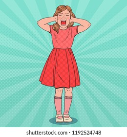 Pop Art Little Girl Screaming. Aggressive Child. Kid Emotional Facial Expression. Vector illustration