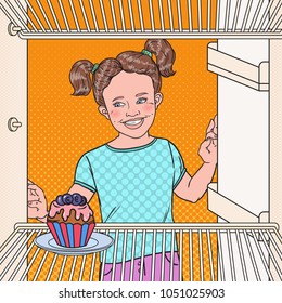 Pop Art Little Girl Sees Tasty Cake in the Fridge. Kid Eating Sweet Food. Vector illustration