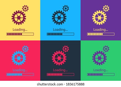 Pop art Loading and gear icon isolated on color background. Progress bar icon. System software update. Loading process symbol. Vector.