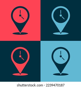 Pop art Location with clock icon isolated on color background.  Vector Illustration