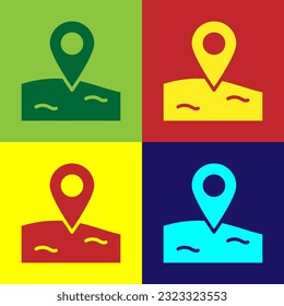 Pop art Location fishing icon isolated on color background. Fishing place.  Vector