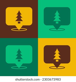 Pop art Location of the forest on a map icon isolated on color background.  Vector