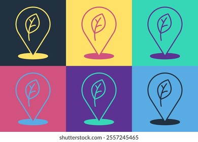 Pop art Location with leaf icon isolated on color background. Eco energy concept. Alternative energy concept.  Vector