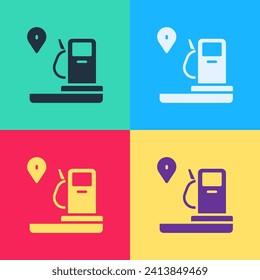 Pop art Location and petrol or gas station icon isolated on color background. Car fuel symbol. Gasoline pump.  Vector