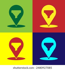 Pop art Location with sales funnel icon isolated on color background. Infographic template.  Vector Illustration