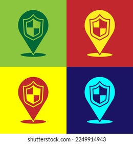 Pop art Location shield icon isolated on color background. Insurance concept. Guard sign. Security, safety, protection, privacy concept.  Vector