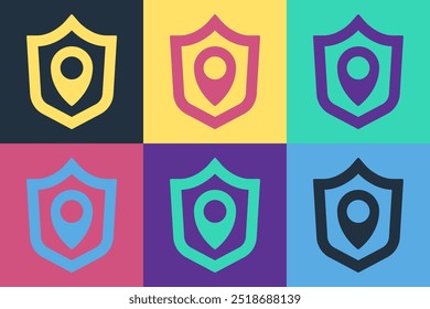 Pop art Location shield icon isolated on color background. Insurance concept. Guard sign. Security, safety, protection, privacy concept.  Vector