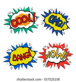 Pop art logo set. Retro style concept phrases. Vector pop art illustration. Comic style logos. Pop art comics icons "wow", "cool", "omg", "bang". Comic speech bubbles.