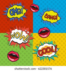 Pop art logos set. Retro style collection. Vector pop art illustration. Comic style logos. Pop art comics icon. Wording speech bubbles and lips.