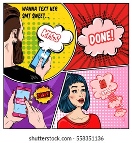 Pop art love romance template with speech bubbles pretty shocked woman and man reading message vector illustration