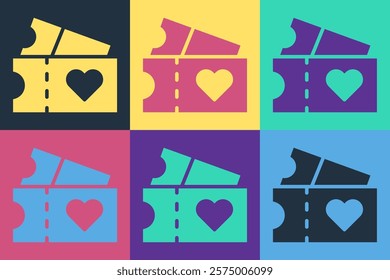 Pop art Love ticket icon isolated on color background. Valentines day sign. Couple relationships symbol.  Vector