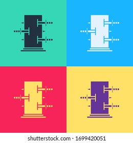 Pop art Magic box, trunk for magic tricks icon isolated on color background. Show with knives, piercing the box with swords.  Vector Illustration