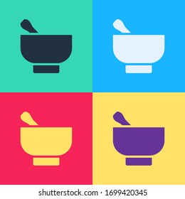 Pop art Magic mortar and pestle icon isolated on color background.  Vector Illustration