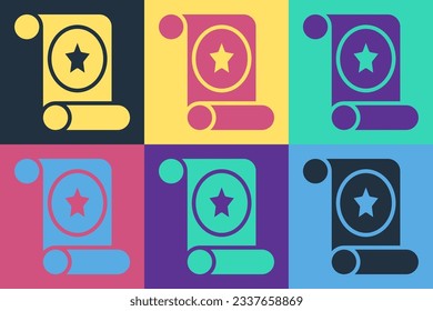 Pop art Magic scroll icon isolated on color background. Decree, paper, parchment, scroll icon.  Vector
