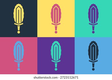 Espada mágica del arte Pop en el icono del fuego aislado en el fondo del color. Espada ardiente. Arma mágica de caballero, hechicero, mago. Hechizo de fuego. Hoja ardiente.  Vector