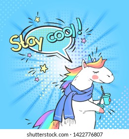 Pop art magic unicorn and speech bubble with Stay cool! Vector illustration in retro comic style. 