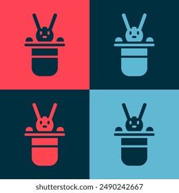 Pop art Magician hat and rabbit icon isolated on color background. Magic trick. Mystery entertainment concept.  Vector