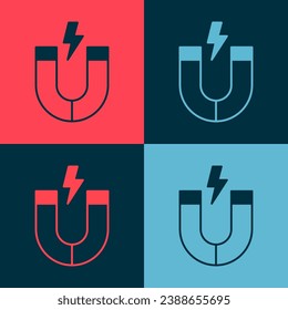 Pop art Magnet icon isolated on color background. Horseshoe magnet, magnetism, magnetize, attraction.  Vector