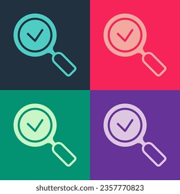 Pop art Magnifying glass with check mark icon isolated on color background. Search, focus, zoom, business symbol.  Vector