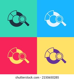 Pop art Magnifying glass and data analysis icon isolated on color background. Search sign.  Vector