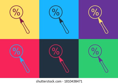 Pop art Magnifying glass with percent discount icon isolated on color background. Discount offers searching. Search for discount sale sign. Vector.