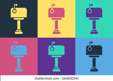 Icono del cuadro de texto de texto emergente aislado en el fondo de color. Icono de buzón. Postal de correo en el poste con la bandera. Ilustración vectorial