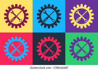Pop art Maintenance symbol - screwdriver, spanner and cogwheel icon isolated on color background. Service tool symbol. Setting icon.  Vector