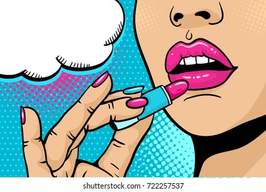 Pop Art Makeup. Closeup Of Sexy Girl Paints Her Lips With Lipstick In Her Hand And Empty Speech Bubble. Vector Colorful Background In Comic Retro Pop Art Style. Cosmetics Appliying On Female Face.