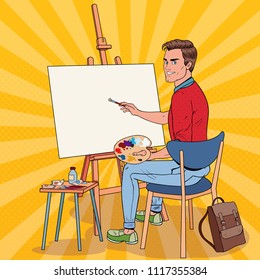 Pop Art Male Artist Painting At The Studio. Man Painter In Workshop. Vector Illustration