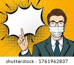 Pop art male face with glasses in medical mask. Comic man is pointing his finger with speech bubble. Retro halftone background. Healthcare vector illustration.