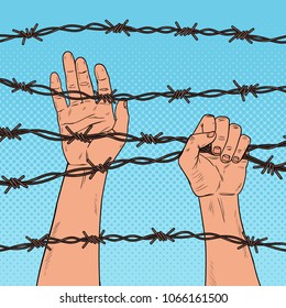 Pop Art Male Hands Holding a Barbed Wire. Human Rights Concept. Vector illustration