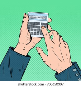 Pop Art Male Hands Using Calculator. Calculating Mathematics. Vector illustration