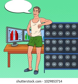 Pop Art Male Miner with Bitcoin Farm at Home. Cryptocurrency Mining Technology. Vector illustration